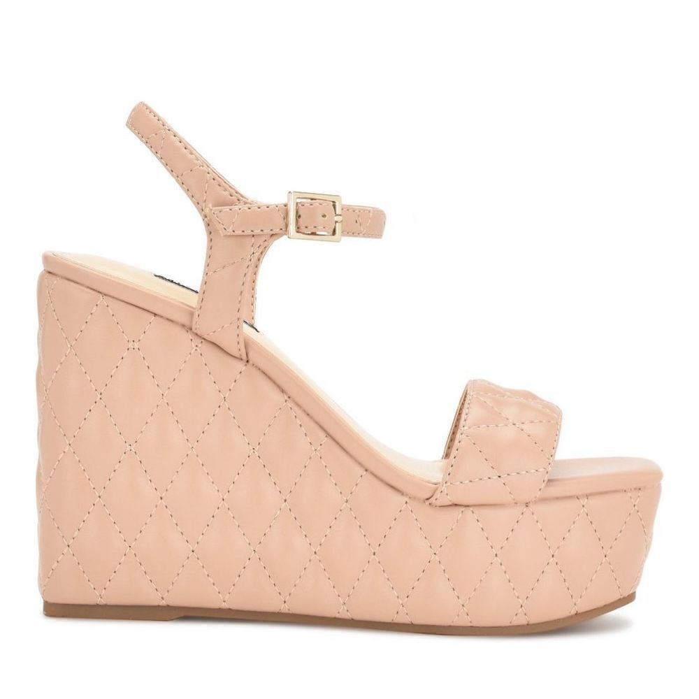 New! NINE WEST Nila Platform Wedge‎ Sandals Size 6 NWT Heels Quilted Padded Tan